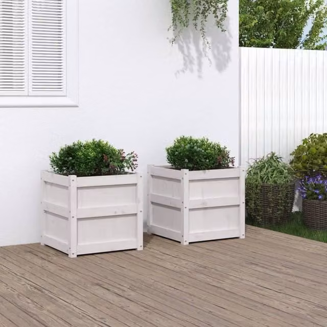 Berkfield Home Garden White Solid Wood Pine Planter Tub, 2 Pack