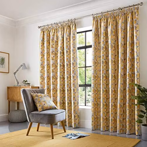Alan Symonds Skandi Geometric Jacquard Fully Lined Taped Curtains in Yellow, W: 117 cm, H: 137 cm