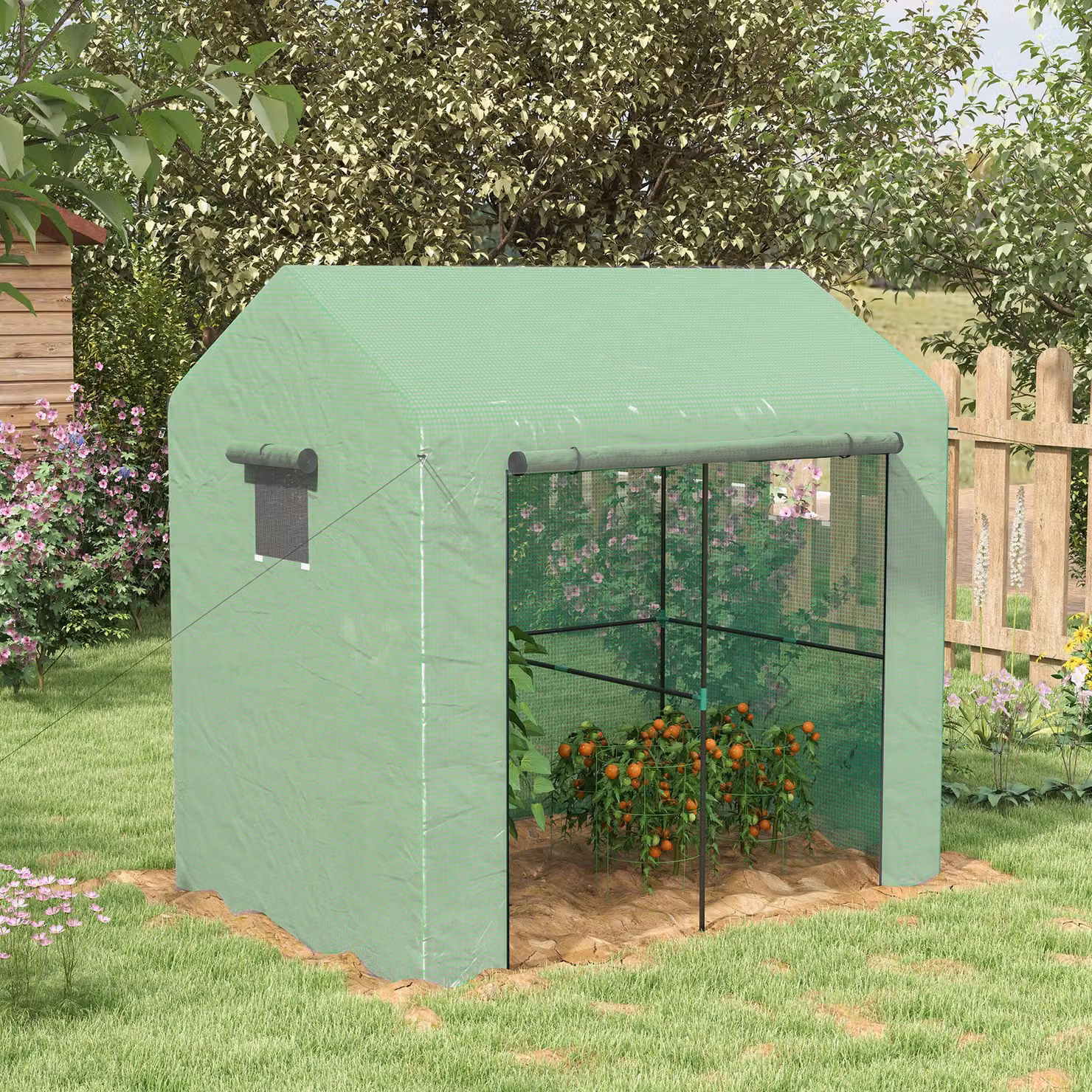 Outsunny Green Walk-in Garden Greenhouse with Roll-up Door and Mesh Windows, W: 140 cm, D: 200 cm, H: 200 cm – 2