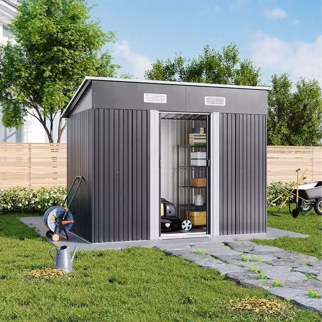 Breeins Metal Pent Garden Shed with Double Doors, Charcoal Black