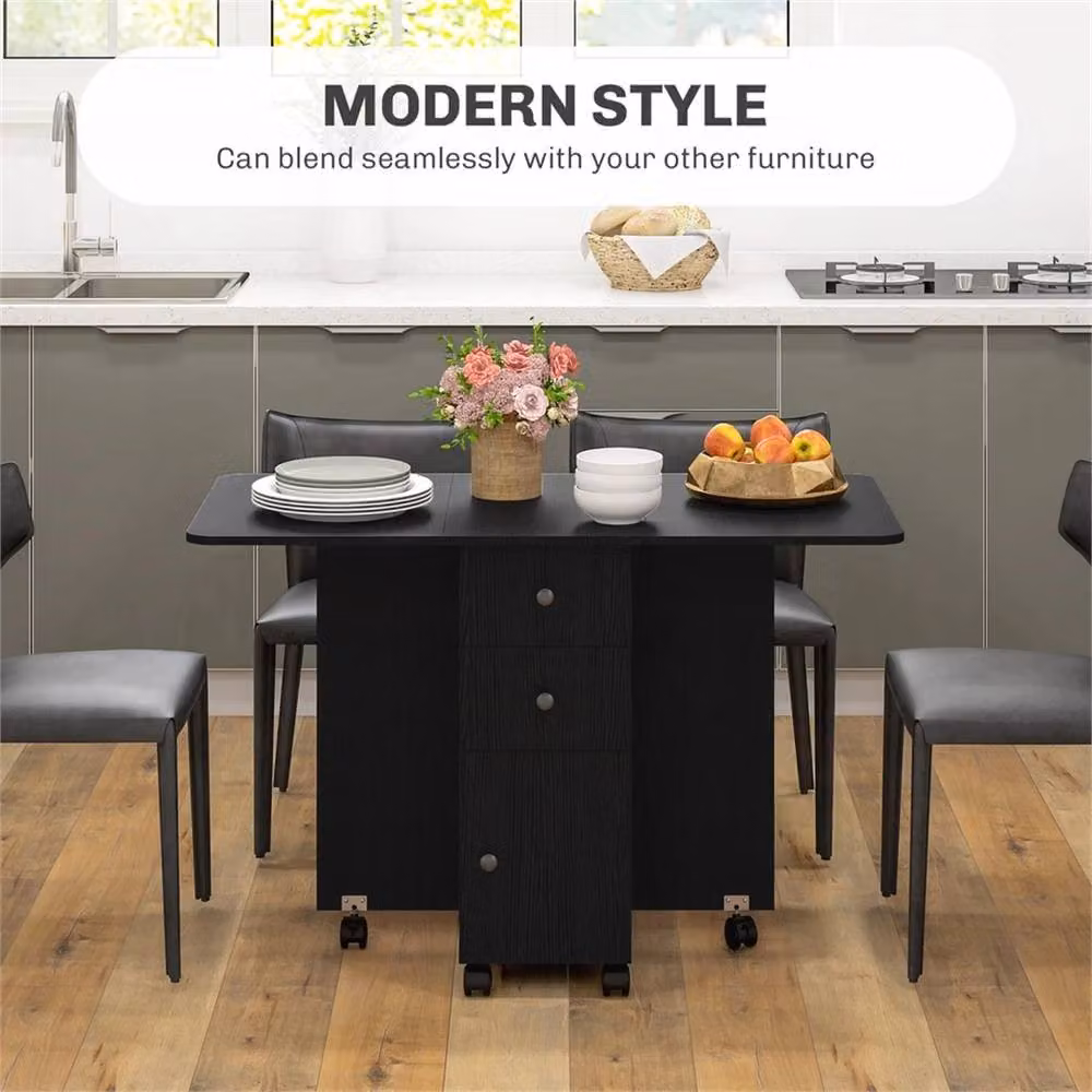 Nordara Black Modern Folding Dining Table with Drop Leaf and Castors, W/D/H: 120 x 60 x 76.5 cm – 3