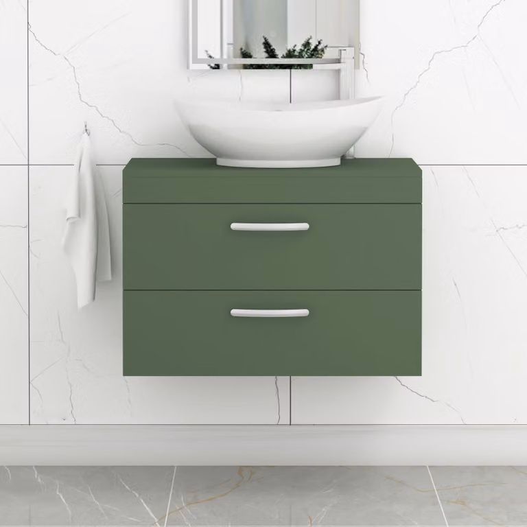 Royal Bathrooms Turin 500mm Wall Hung Vanity Unit with 2 Drawers and Countertop Basin in Matte Green with Brushed Brass Handle
