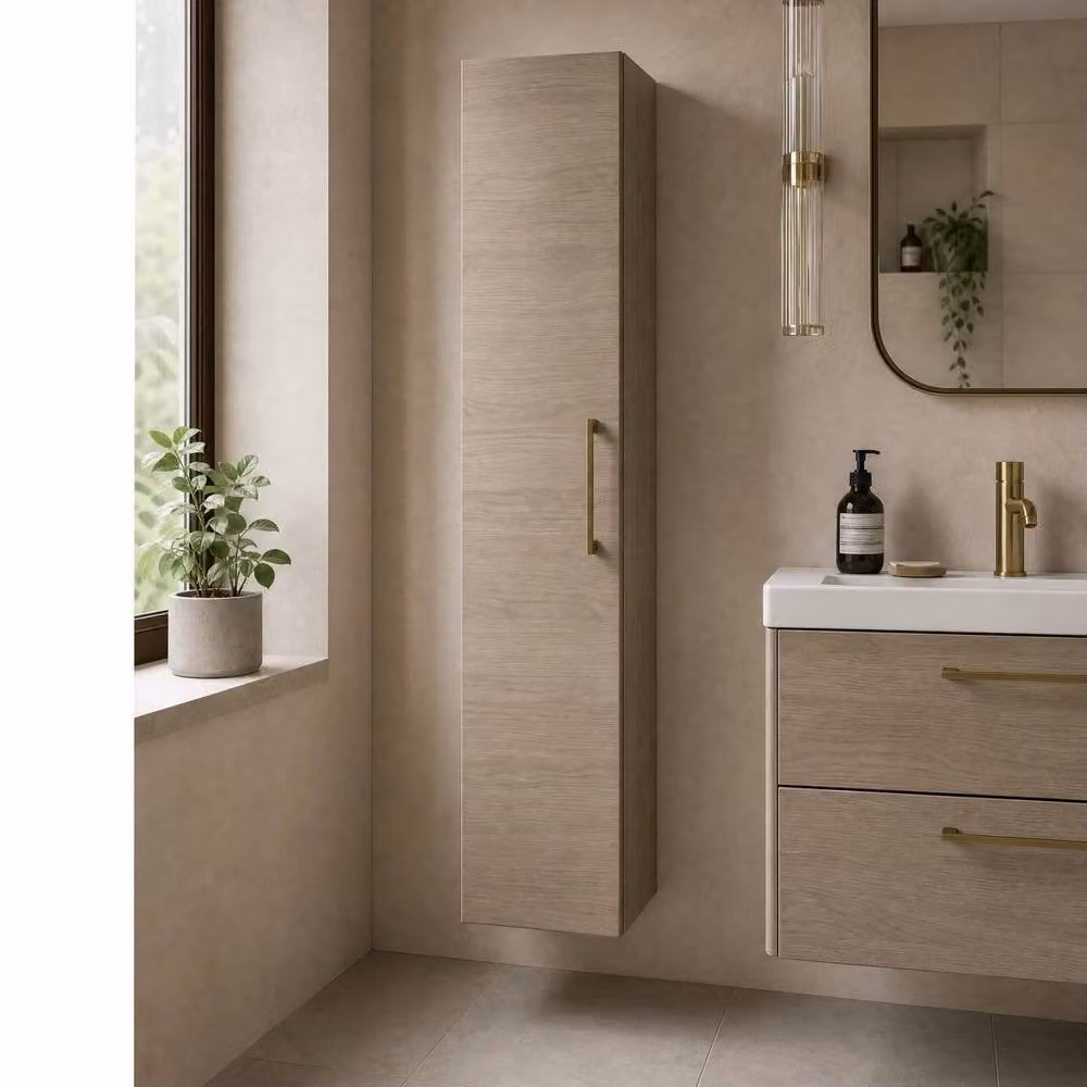 Balterley Bramshall Brown Tall Storage Unit with Soft Close Hinged Doors and Brushed Brass Details – 2