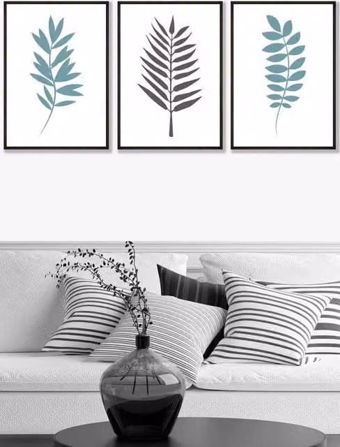 ARTZE Graphical Blue Grey Leaves Framed Wall Art in Black, W53 x H73 x D0.2 cm