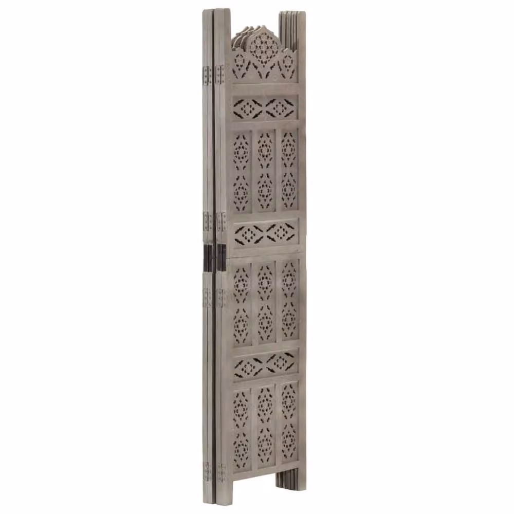 Berkfield Home Hand Carved 4-Panel Mango Wood Room Divider, Grey, W: 160 cm, H: 165 cm – 2