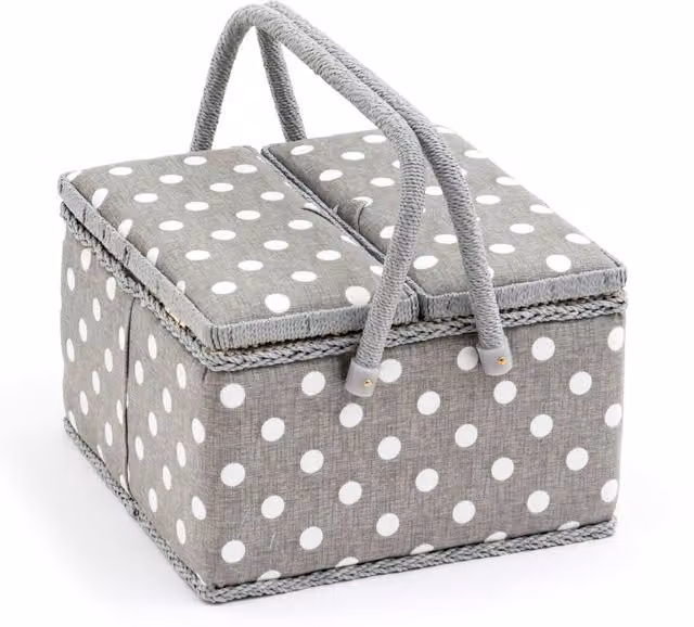 Hobby Gift Large Sewing Box Organiser with Twin Lid and Handle, Grey Polka Dot, W/D/H: 25 x 25 x 17 cm