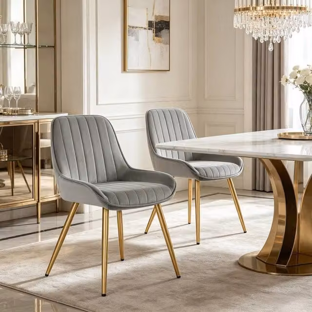 Merax Set of 2 Modern Upholstered Faux Leather Dining Chairs with Metal Legs in Grey – 1