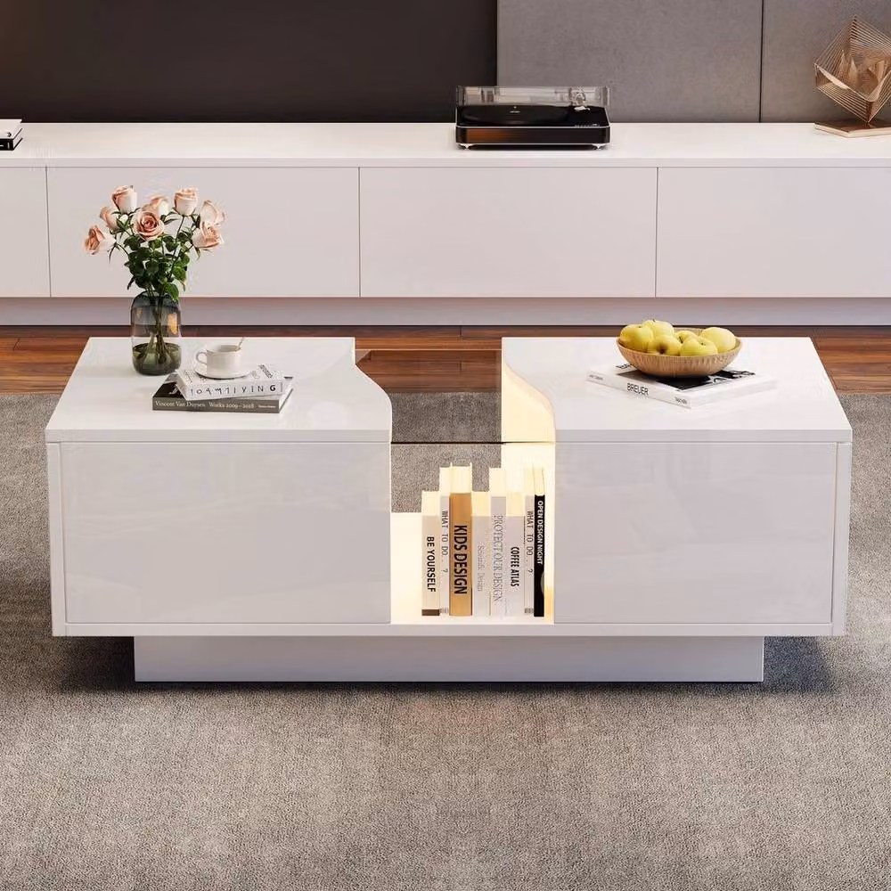 KORVIXA Modern High Gloss White Square Coffee Table with 2 Drawers, W/D/H: 100 x 100 x 35 cm – 2