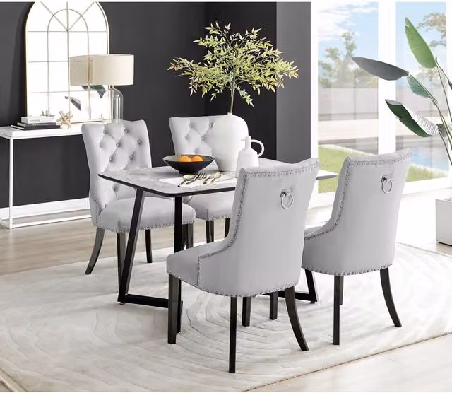 FurnitureboxUK Carson White Marble Effect Dining Table and 4 Belgravia Black Leg Chairs, Grey