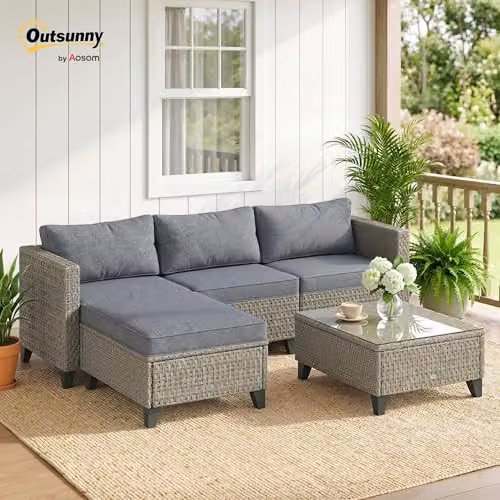 Outsunny 5-Piece L-Shape Rattan Garden Furniture Set in Grey with Ottoman, Coffee Table and Upholstered Cushions – 2