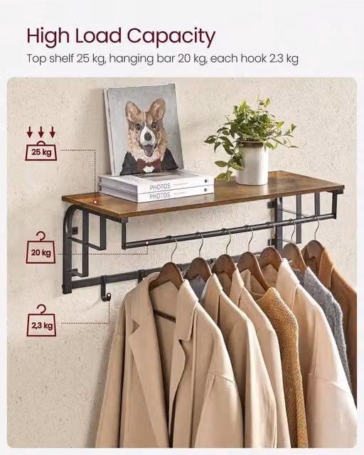VASAGLE Rustic Bronze and Brown Wall-Mounted Entryway Coat Rack with Dual Hook and Rail Matrix, W/D/H: 60 x 30 x 30 cm
