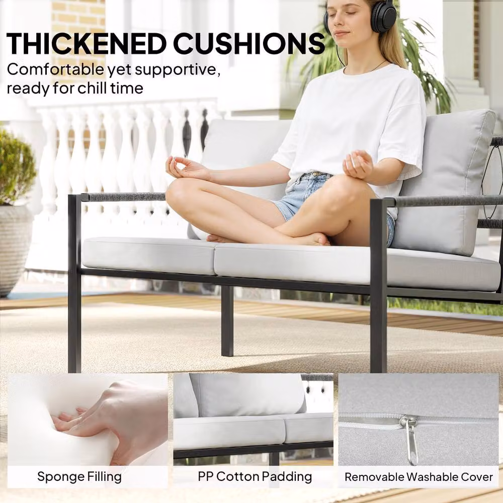 OUTSUNNY 5 Piece Metal Garden Furniture Set with Upholstered Cushions in Grey – 4
