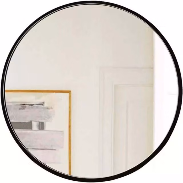 BERPAR Large Modern Minimalist Round Glass Wall Mirror - Black