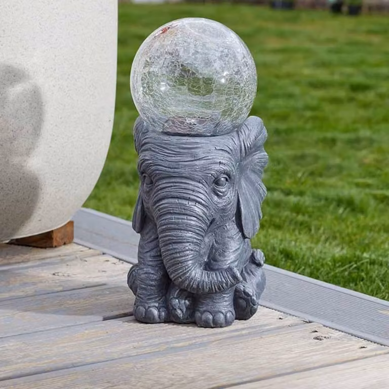 Marco Paul Large Solar Elephant Garden Ornament with Crackle Ball in Grey and Multicolour
