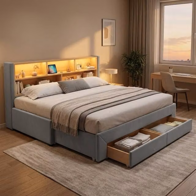 STILVORA Grey Velvet Upholstered Single Day Bed with LED Headboard, USB Charging Port and Drawers, W/D/H: 90 x 190 x 82.5 cm