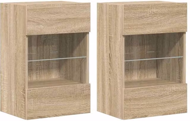 Berkfield Home Set of 2 Wall Mounted TV Cabinets with Integrated LED Lights in Sonoma Oak and Beige, W/D/H: 40 x 30 x 60.5 cm