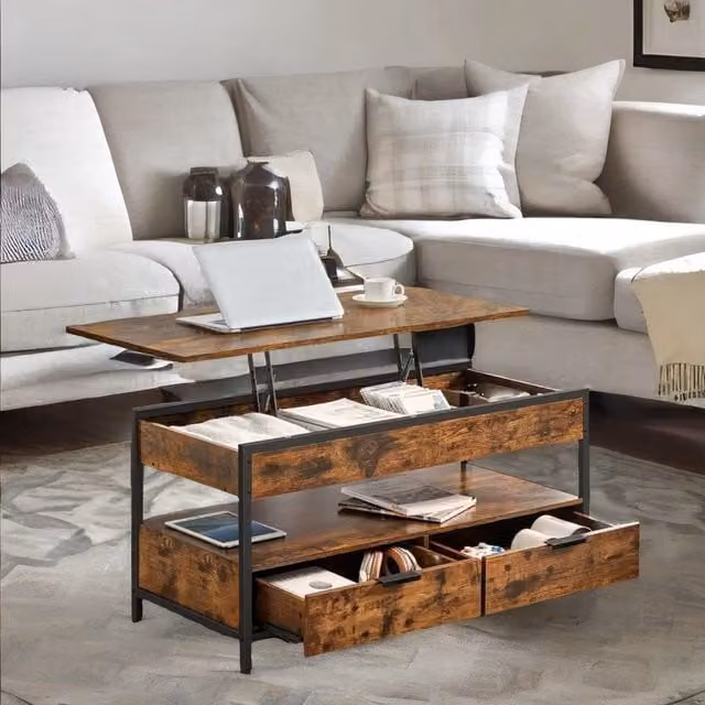 Rafaelo Mobilia Industrial Lift Top Coffee Table with Drawers in Rustic Brown and Black