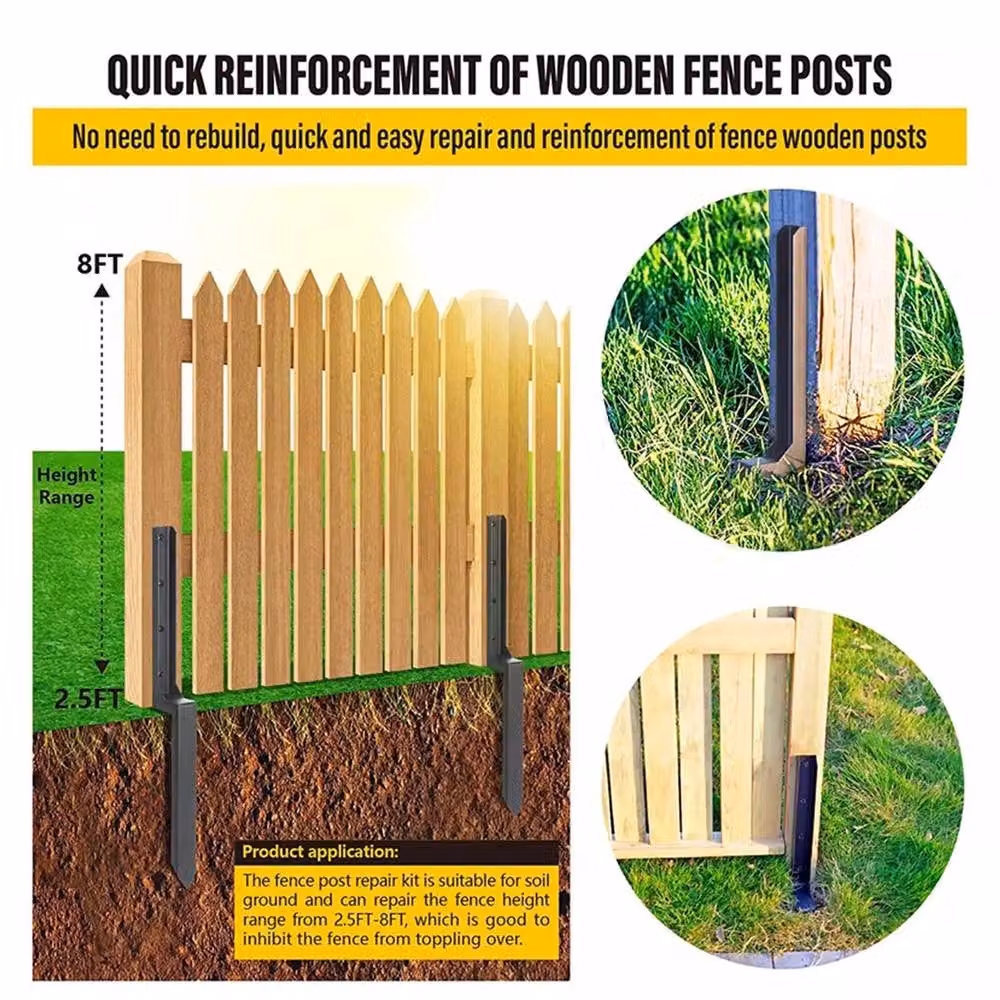 NESTLUNE 2-Piece Heavy Duty Steel Fence Post Repair Stake in Black, H: 120 cm, W: 3.2 cm – 3