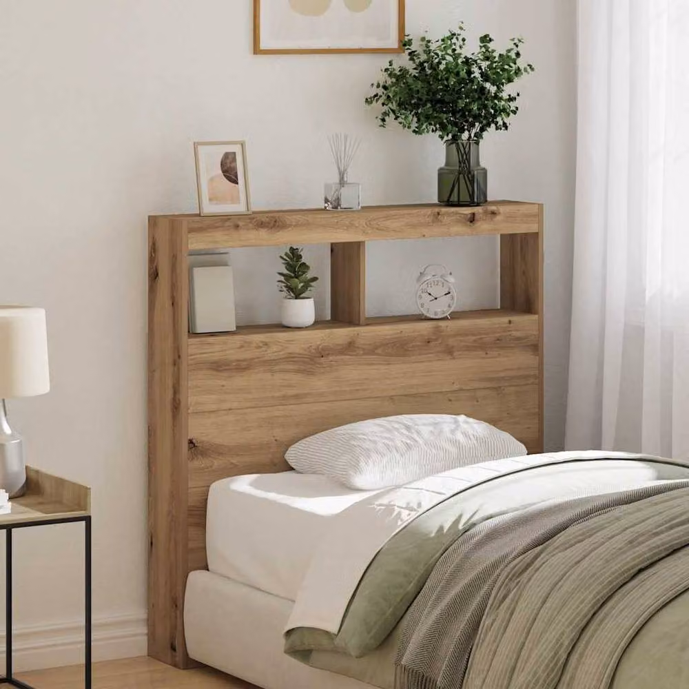 Berkfield Home Artisan Oak Headboard Cabinet in Brown with LED Lighting and USB Charging Port, W/D/H: 100 x 17 x 102 cm – 3