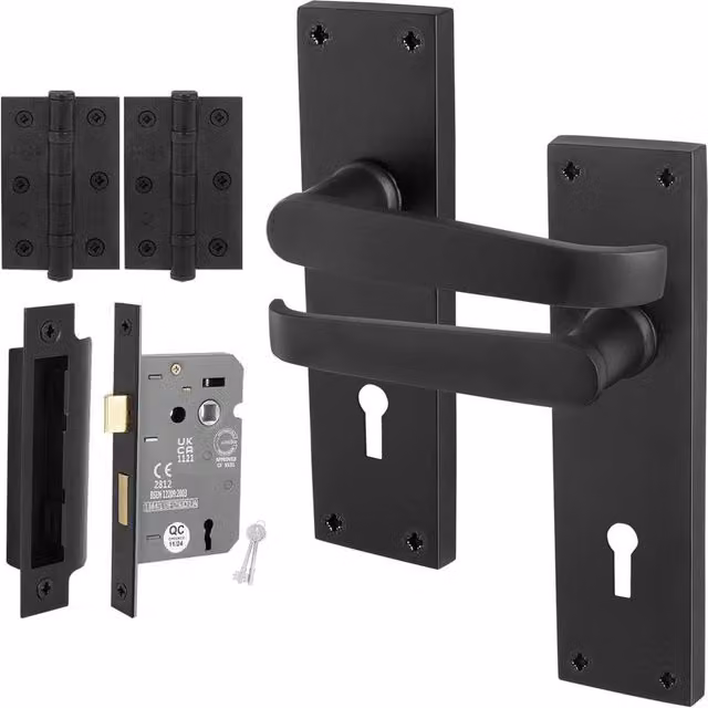 AFIT Matt Black Lock Door Handles Set, 1 Pair of Backplate Handles, W/H: 15 x 15 cm