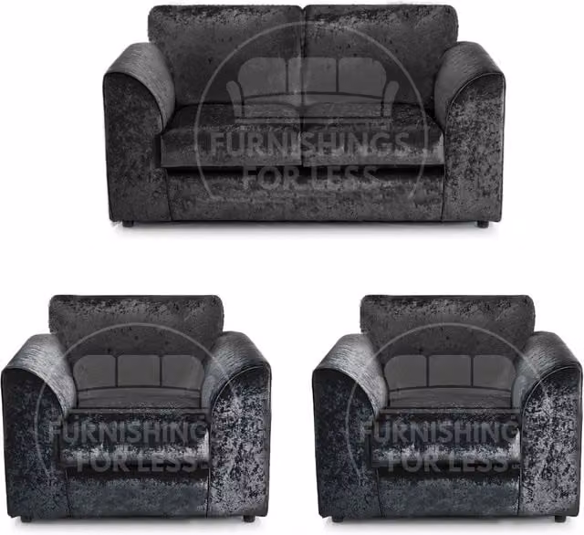 Furnishings For Less UK Crystal Crushed Velvet 3 Piece Sofa Suite in Black, including 3 Seater, 2 Seater and Armchair – 1