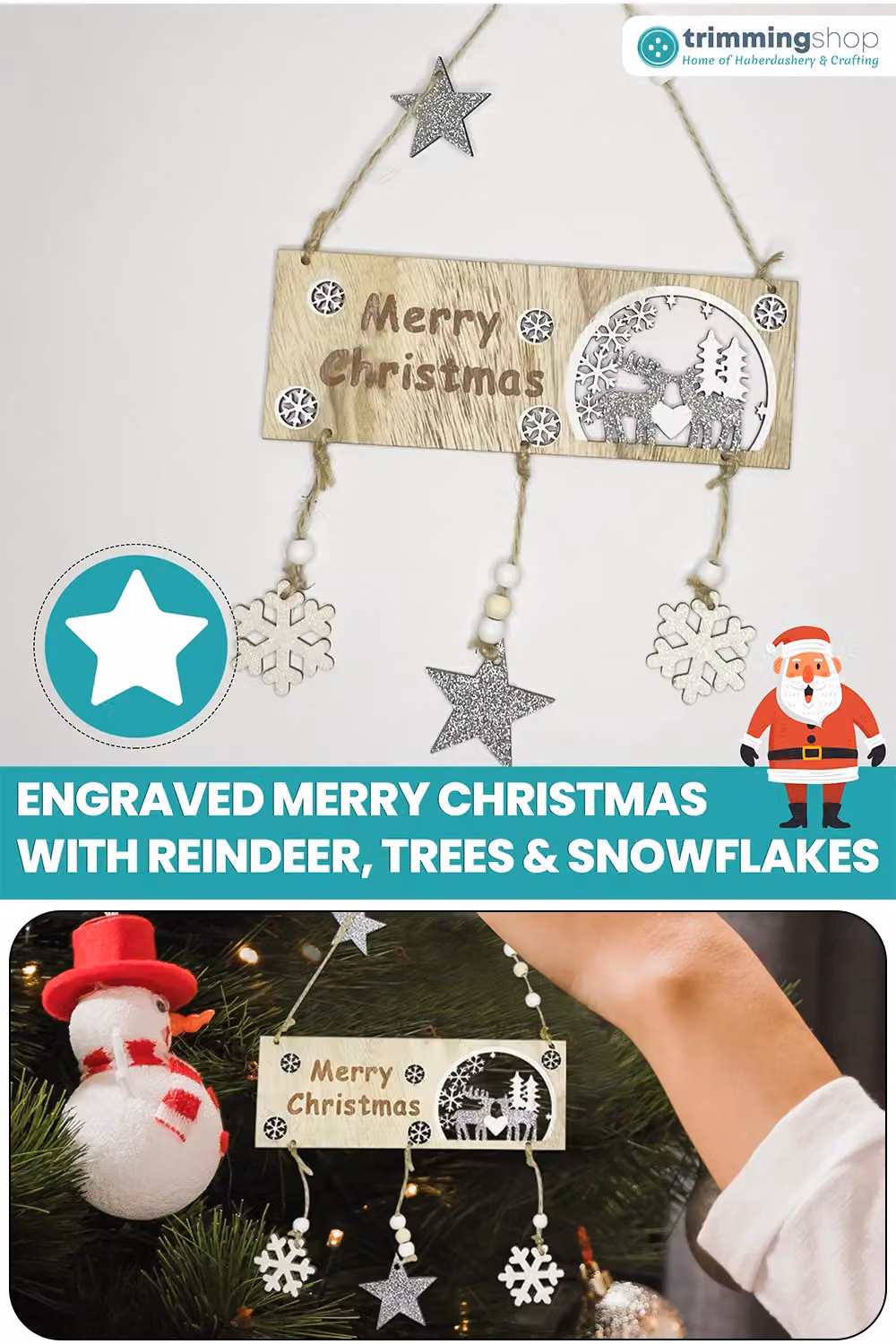 Neel Blue Wooden Merry Christmas Hanging Sign with Reindeer Design, W/D/H: 20 x 17 x 2 cm – 4