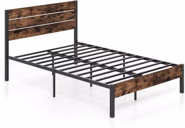 Gymax Double Metal Platform Bed Frame with High Headboard, Brown, W/D/H: 140 x 200 cm