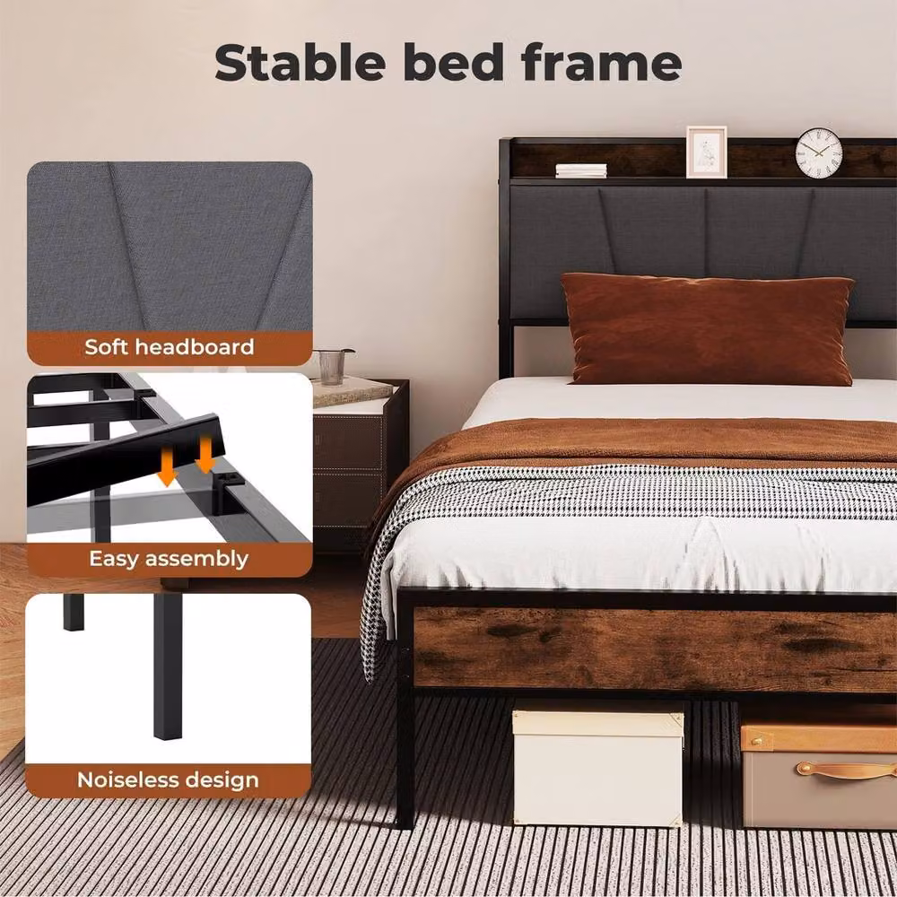 VOGREX Modern Single Bed Frame in Brown with Bedside Shelf and Side Compartments, W/D/H: 90 x 190 cm – 3