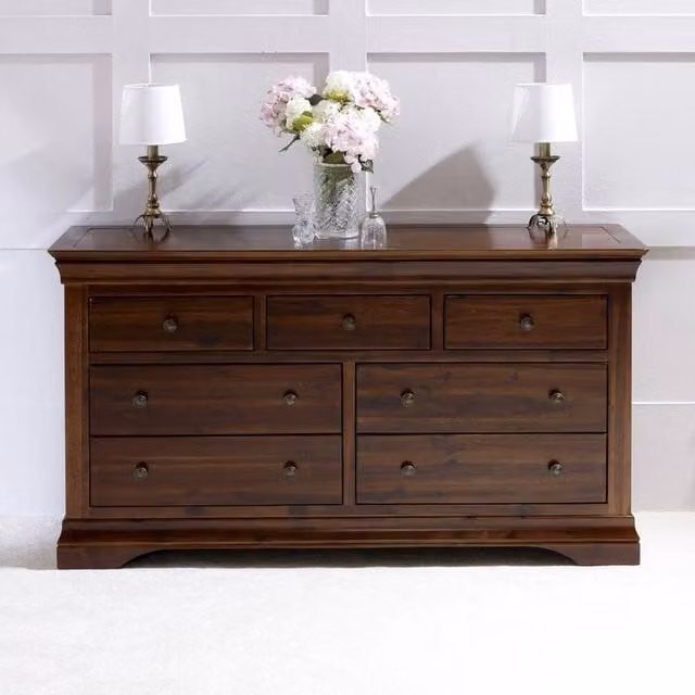 FORGEVIO Large Wide French Hardwood Chest of Drawers in Dark Brown