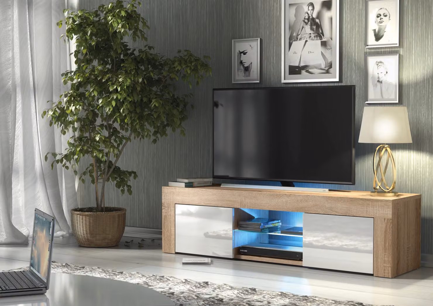Creative Furniture Loom TV Unit in Oak with White Gloss Doors and LED Lights, W: 130 cm, D: 35 cm, H: 35 cm – 2