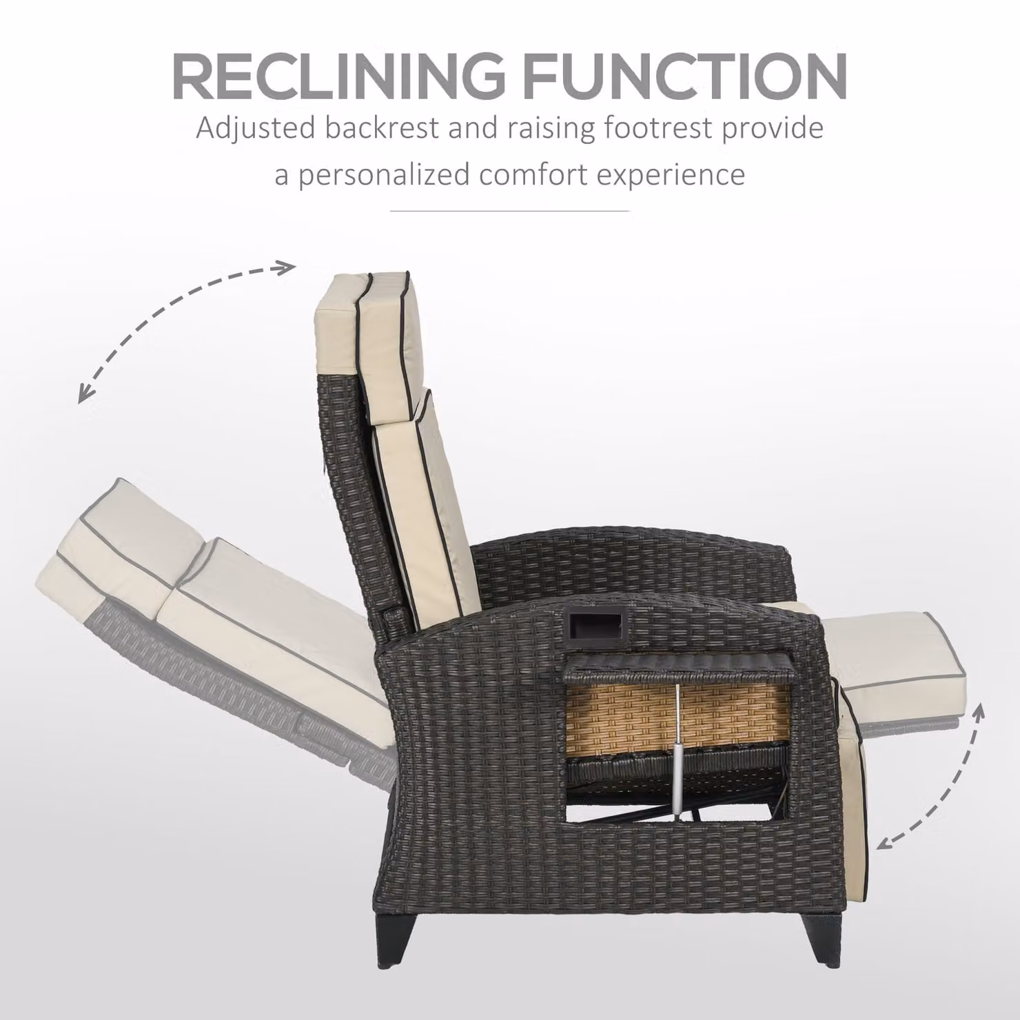 Outsunny Brown Polyrattan Outdoor Recliner Chair with Adjustable Headrest, Footrest, Side Tray and Cushions – 4