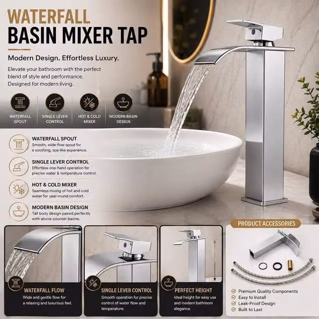 ATEK Silver Waterfall Tall Basin Mixer Tap, Chrome Finish Single Lever Brass Monobloc Faucet for Bathroom or Kitchen Sinks – 1