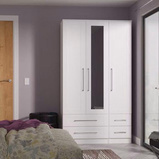 2 U Ripon Ready Assembled Tall Triple Wardrobe with Mirror and Two Drawers in White – 1