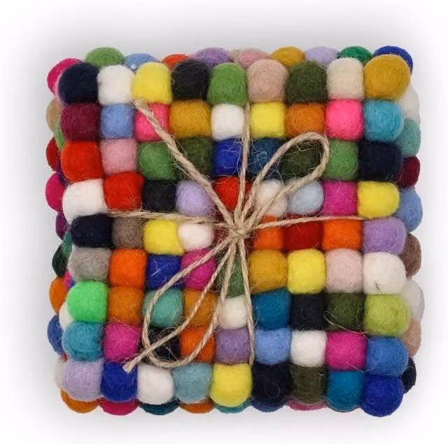 KDMD Set of 4 Grey Multicolour Felt Ball Square Coasters for Table Protection