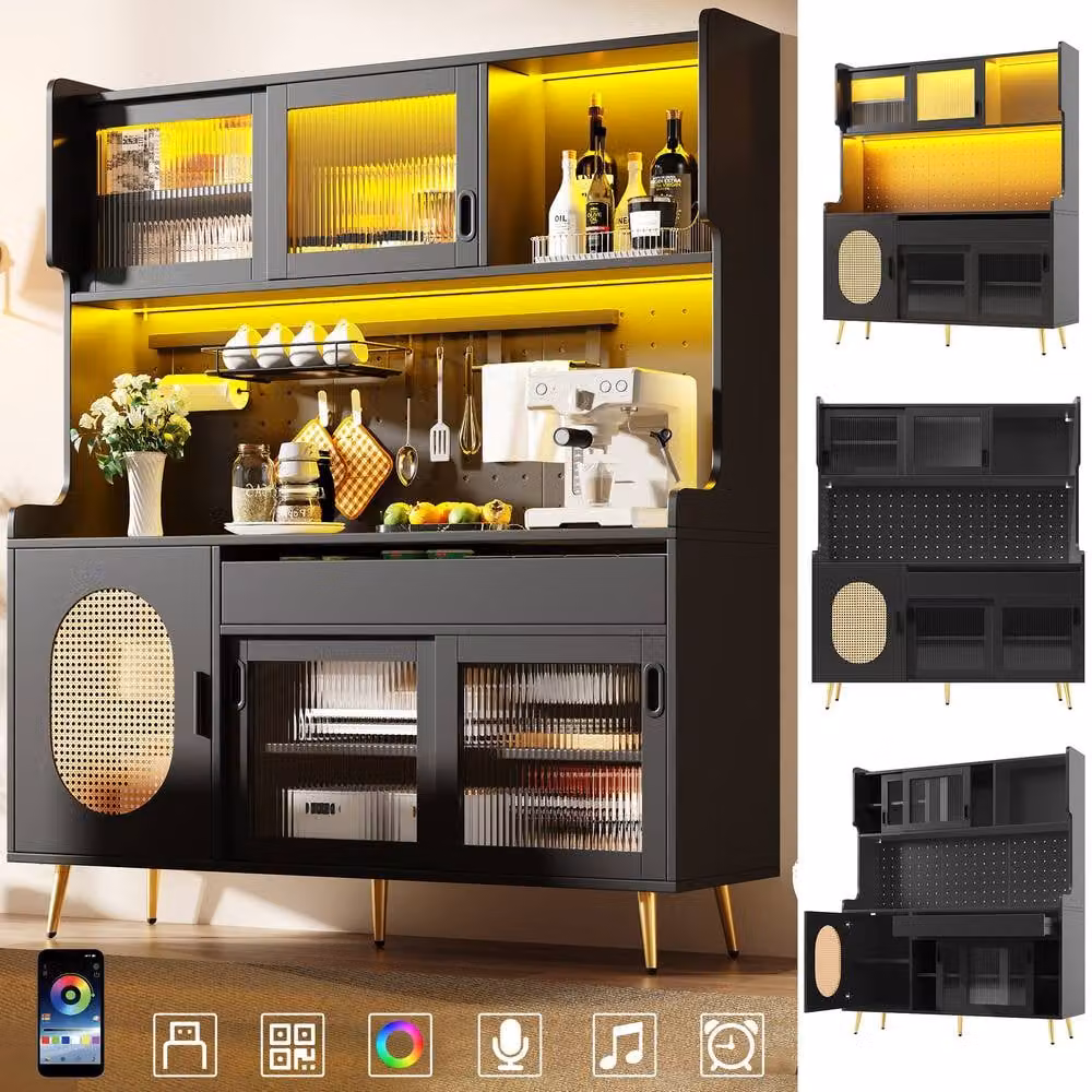 Merax Large Kitchen Pantry Cabinet with Coffee Station, LED Light and Pegboard in Black – 2