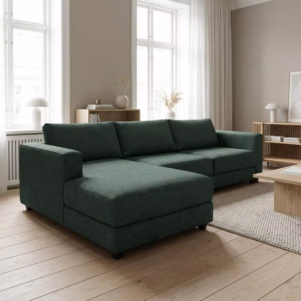 Abakus Direct Kaizer L-Shaped Corner Sofa in Green Boucle Fabric, Left Facing – 2