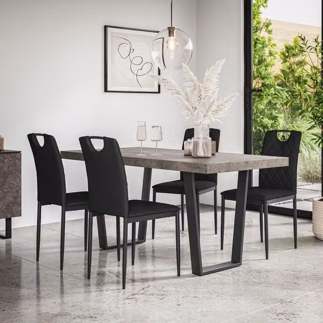 More4Homes Aria Dining Table and 4 Monza Faux Leather Chairs Set, Concrete Effect Grey Top with Black Metal Legs, W: 160 cm, D: 80 cm, H: 76 cm