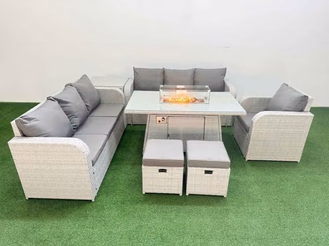 Fimous 9 Seater Poly Rattan Outdoor Garden Furniture Set in Grey with Firepit Dining Table, 3 Seater Sofa, Reclining Chairs and Stools