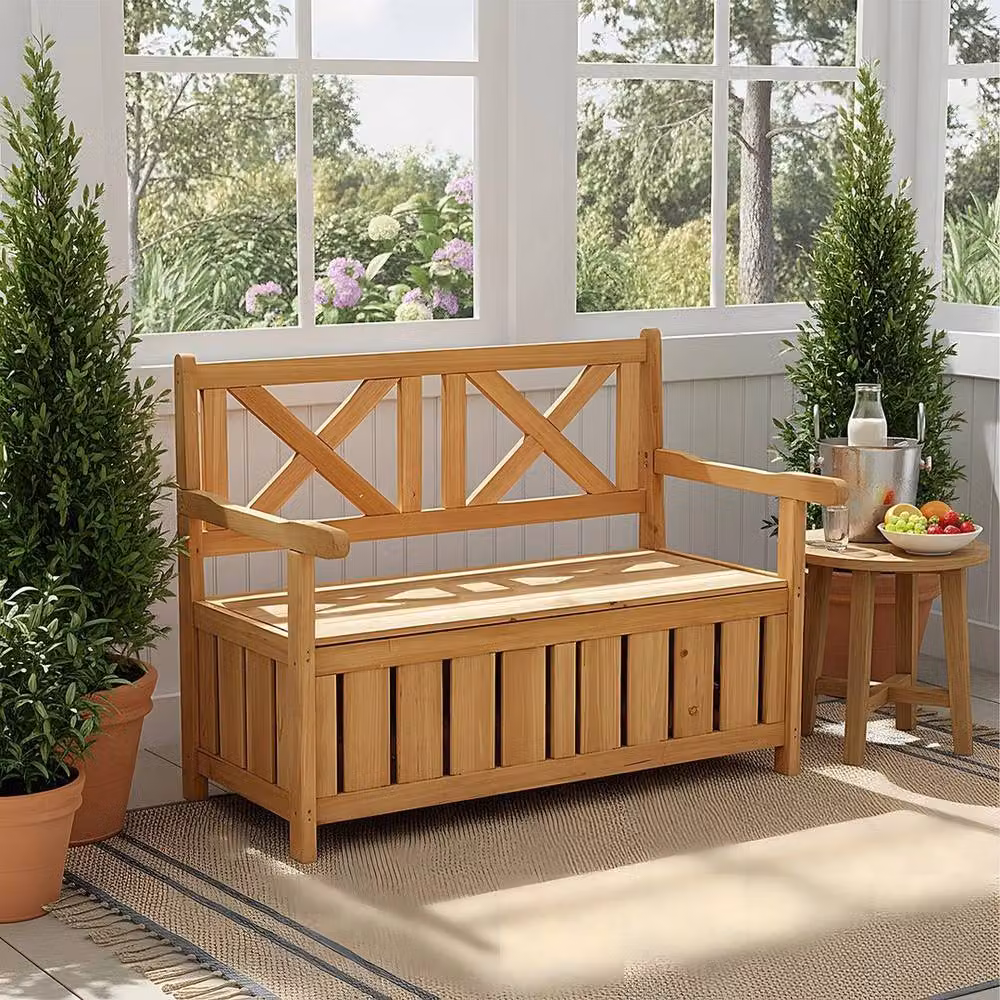 KORVIXA Modern Wood Storage Bench Seat Combination in Brown, W/D/H: 100 x 100 x 100 cm – 2
