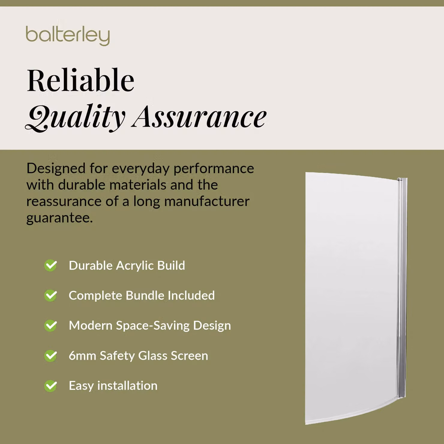 Balterley D-Shaped Right Hand Shower Bath with Screen and Front Panel, White, W: 170 cm, D: 90 cm – 3