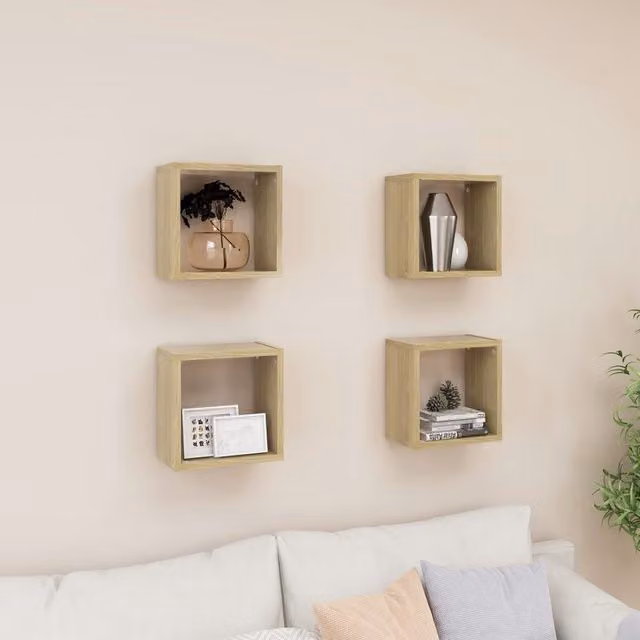 Berkfield Home Wall Cube Shelves, 4 Piece Sonoma Oak Set in Brown, W/D/H: 26 x 15 x 26 cm