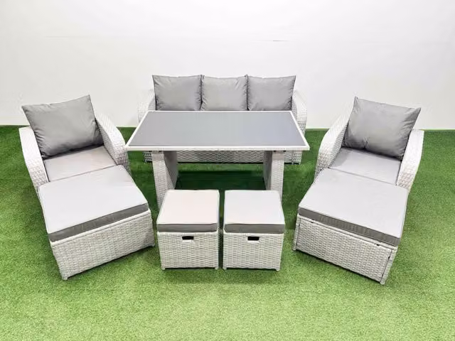 Fimous 9 Seater Patio Garden Furniture Set with 4 Stools in Light Grey Rattan and Metal