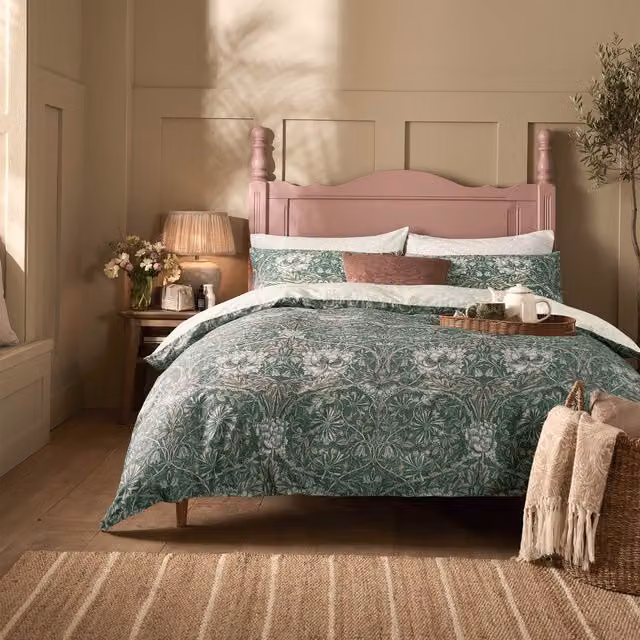 William Morris At Home Honeysuckle And Tulip Reversible Cotton Duvet Cover and Pillowcase Set in Sage and Plaster
