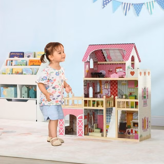 AIYAPLAY Pink Wooden Dollhouse with 13 Pieces of Furniture and Accessories