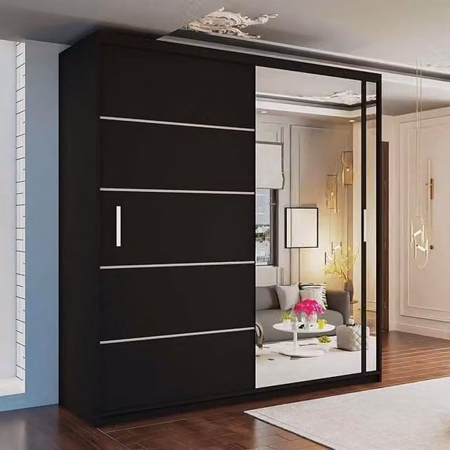 MN Furniture Modern Double Door Sliding Mirror Wardrobe with Integrated LED Lighting in Black, W: 150 cm, H: 217 cm