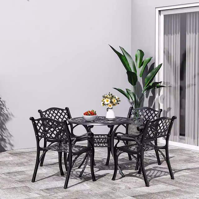 Livingandhome Classic Round Outdoor Dining Table and Chair Set in Matt Black Powder Coated Aluminium