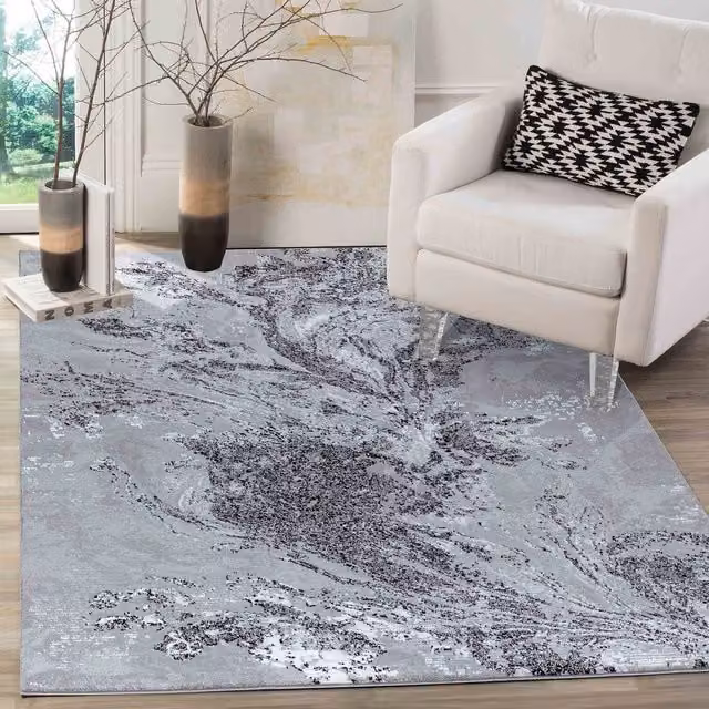 Desire Rugs Modern Abstract Water Flow Grunge Texture Area Rug in Black and Grey, W: 160 cm, L: 230 cm