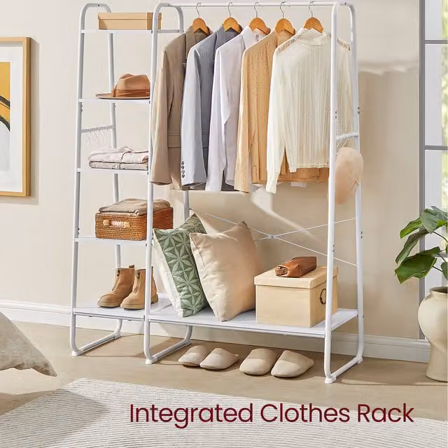 VASAGLE Clothes Rack with Shoe Rack and 6 Side Hooks, Cloud White and Matte White, H 160 x W 45 x D 40 cm