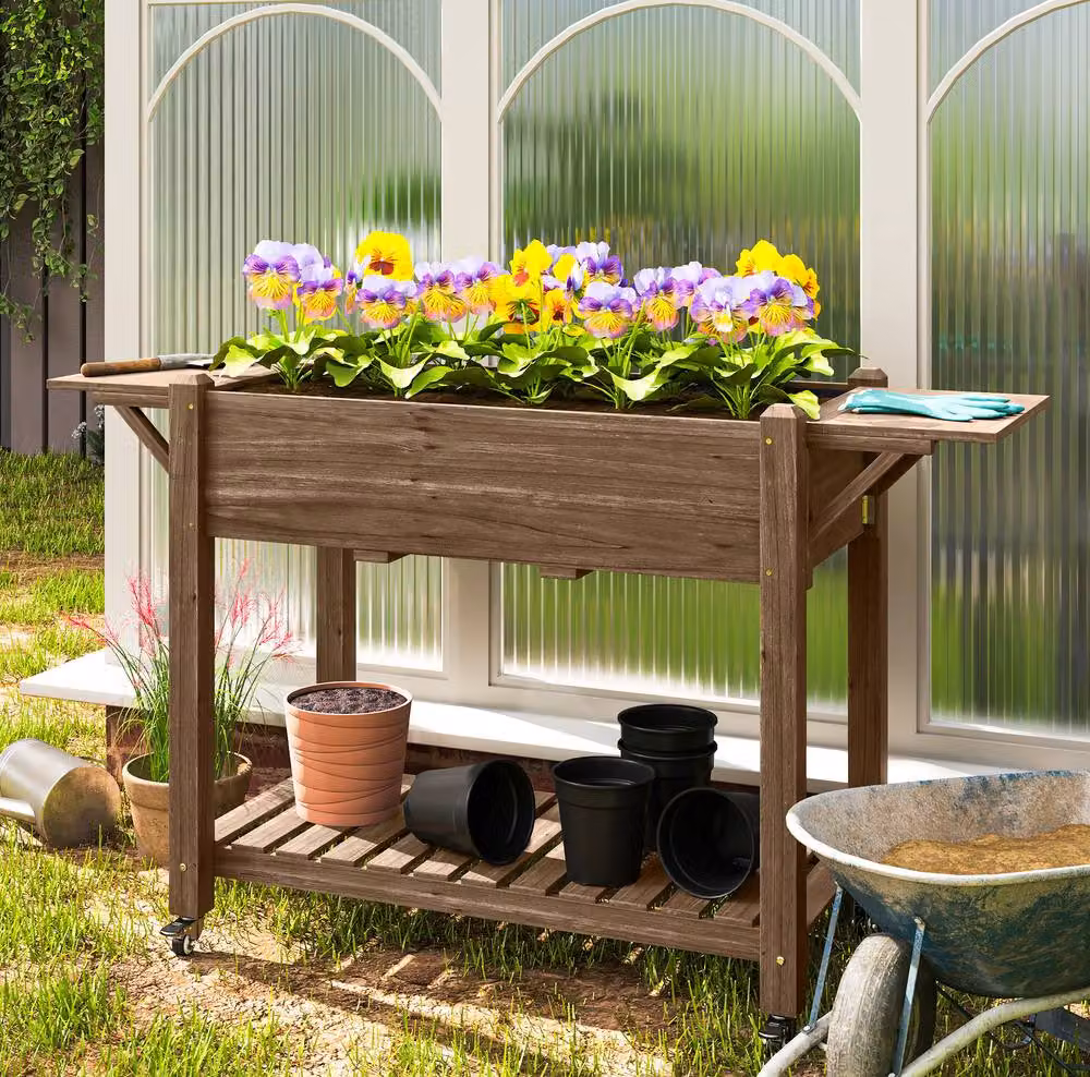 STILVORA Brown Lacquered Wooden Raised Planter with Shelves and Wheels, H 86 x W 52 x D 46 cm – 2