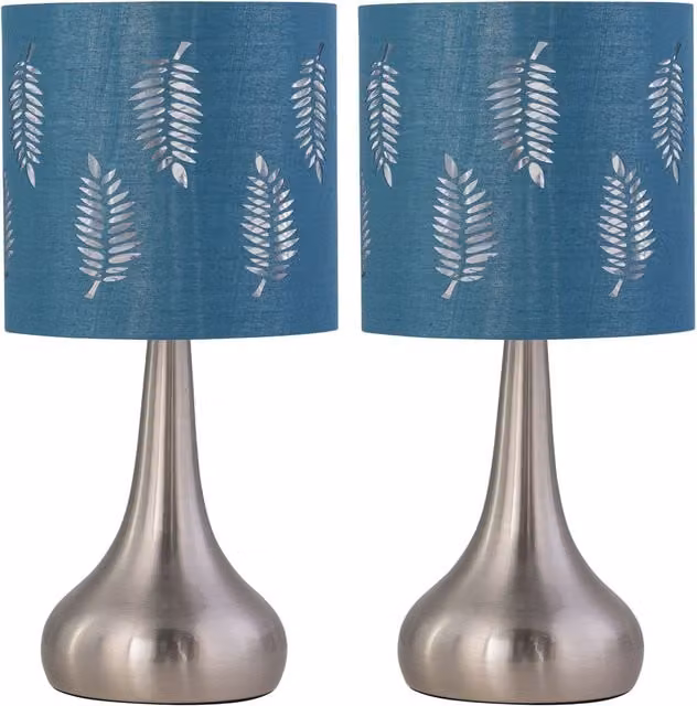 First Choice Lighting Romana Set of 2 Brushed Chrome Touch Table Lamps with Teal Fabric Shades – 1